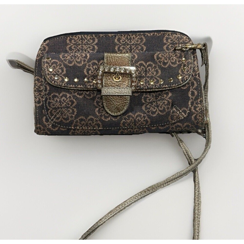 KATHY VAN ZEELAND Crossbody Clutch Purse, Brown , Glitter Studs Jewels Buckle